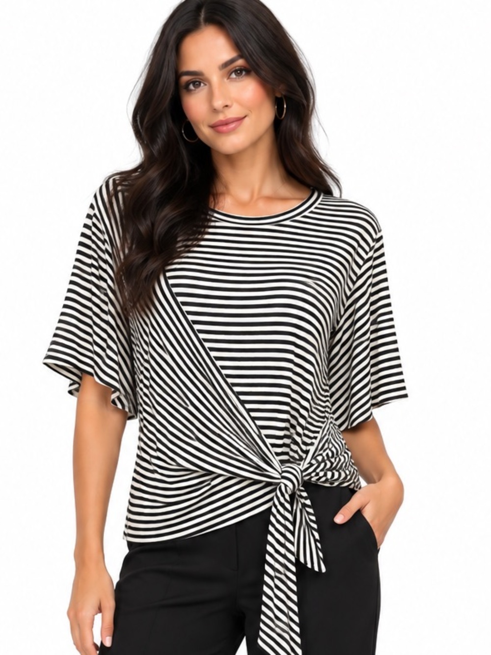 Joseph Ribkoff Black & White Striped Tie-Front Short Sleeve Top size 10